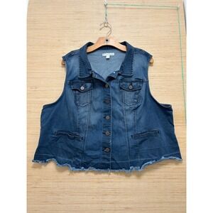 EST 1946 Denim Blue Jean Vest Womens Plus 22/24W Frayed Hem Button Front Trucker